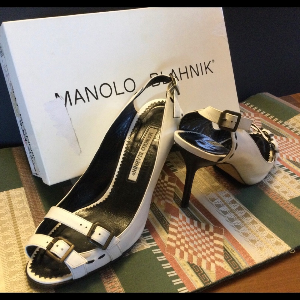 White Manolos with black hill and stitches